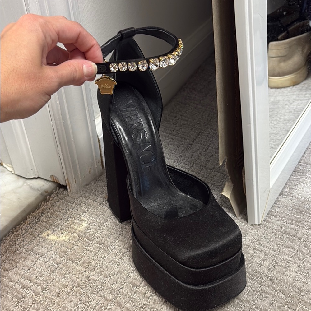 Versace Black Platform Heels with Crystal Ankle Strap